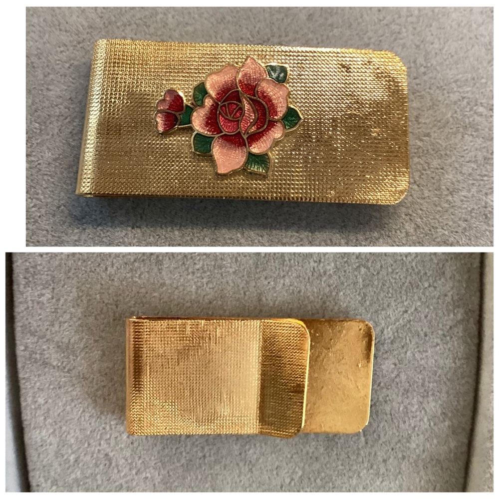 🪻 Vintage Cloisonné Floral Enamel Money Clip - Pink Rose Accent